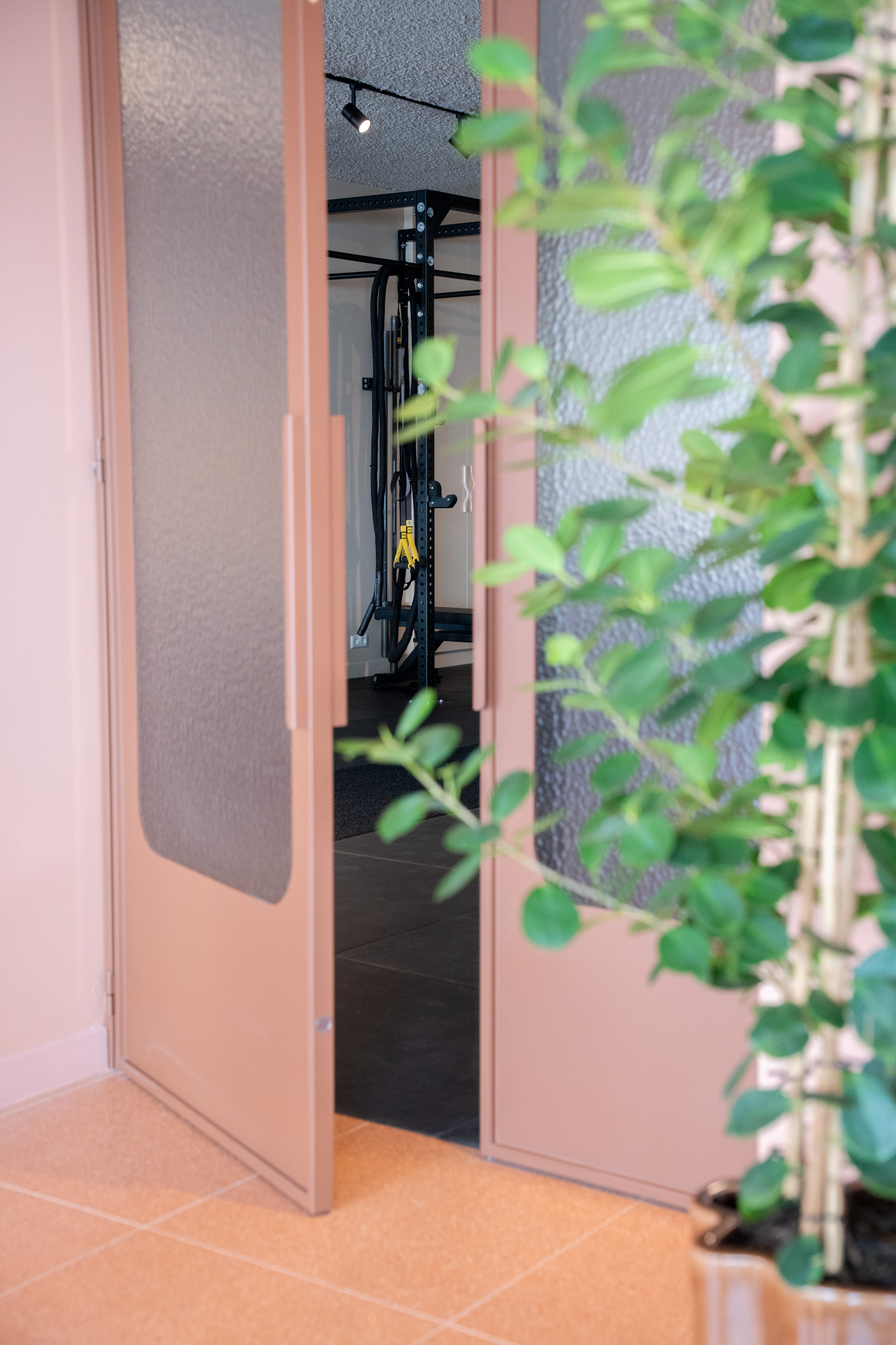freddies-studio-bussum-doorkijk-glazen-deur-naar-fitnessruimte-met-power-rack-en-plant