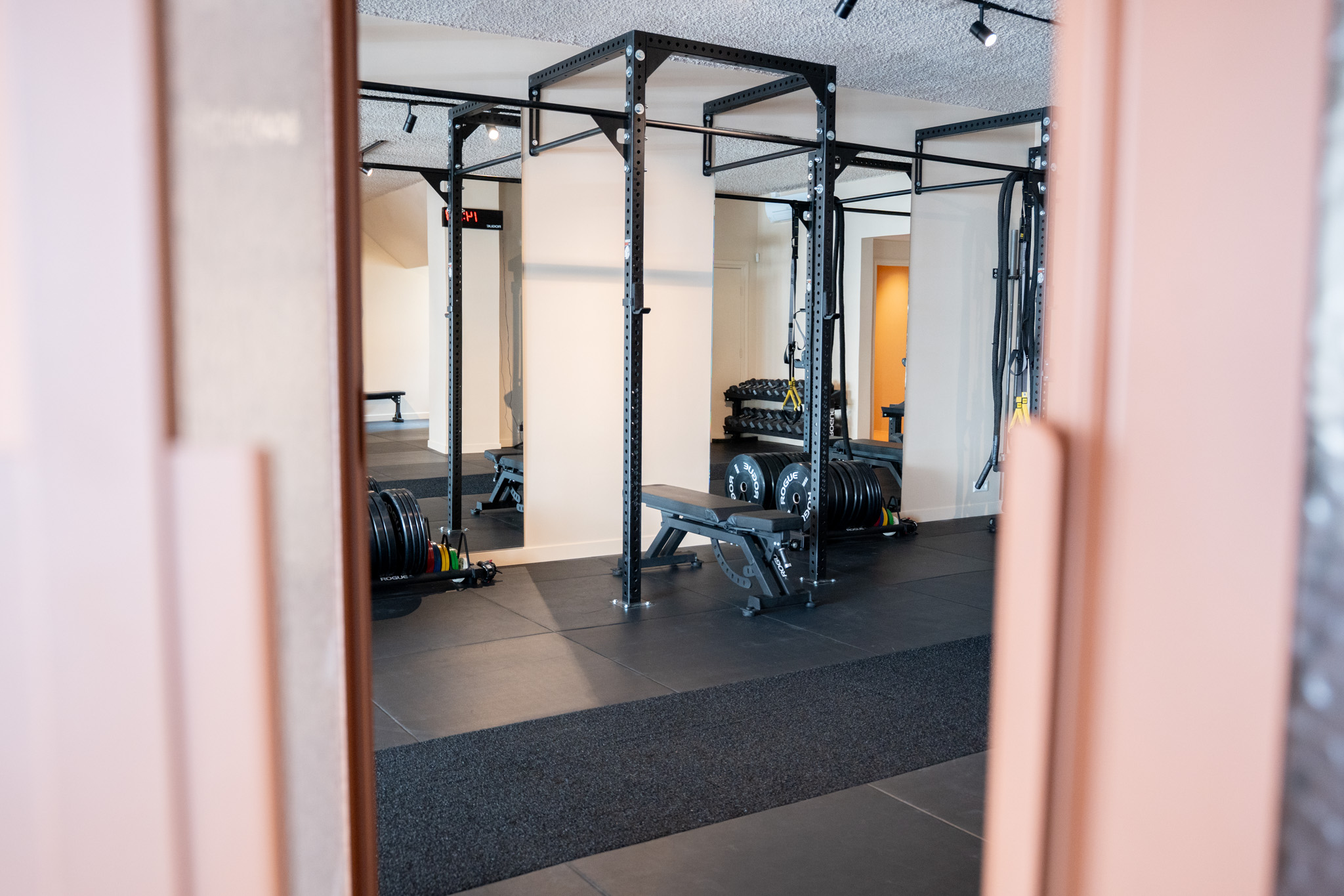 freddies studio bussum doorkijk tussen glazen deuren naar fitnessruimte met power racks en gewichtsschijven