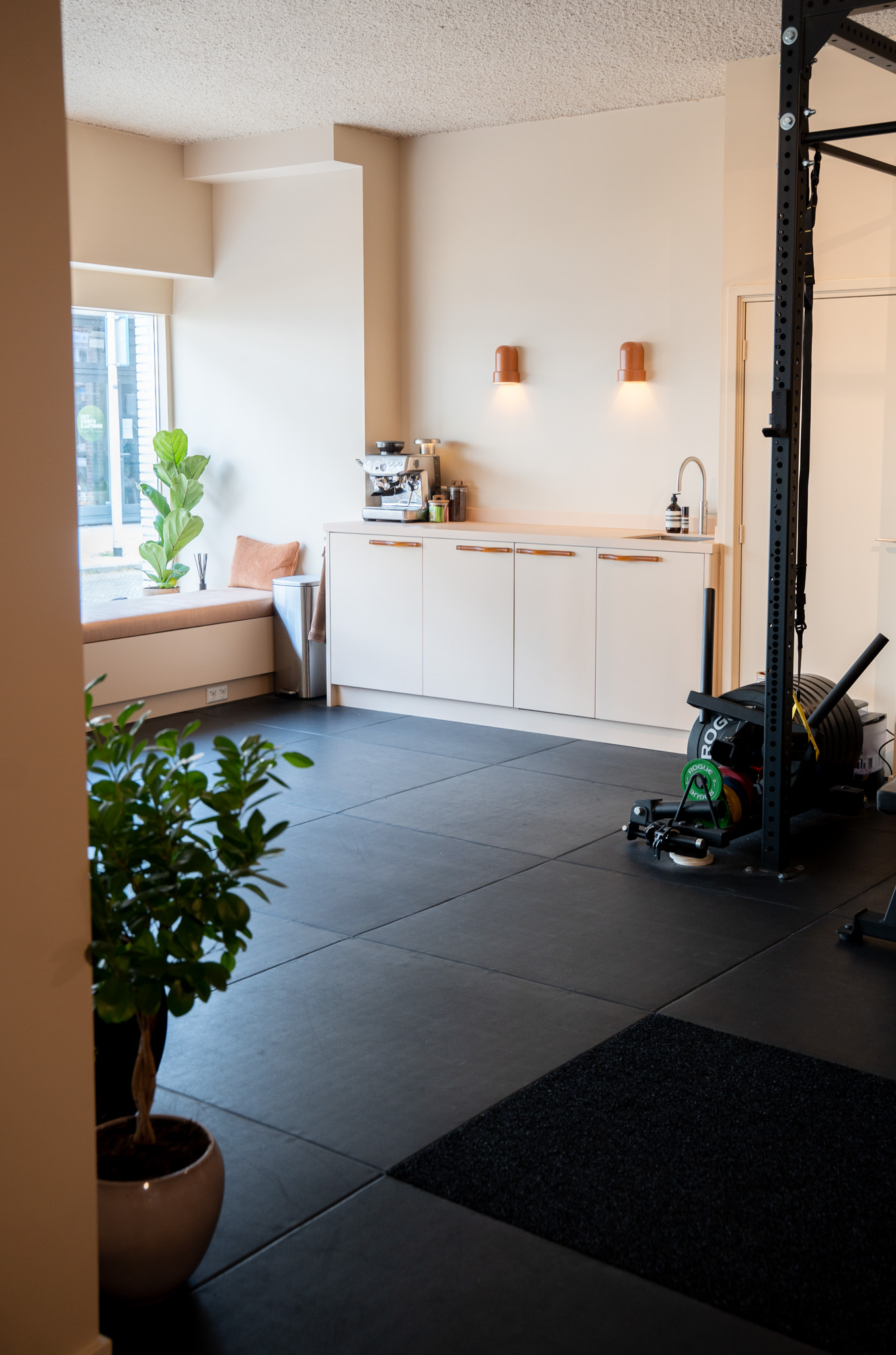 freddies-studio-bussum-doorkijk-vensterbank-met-plant-naar-sledetrainer-en-power-rack