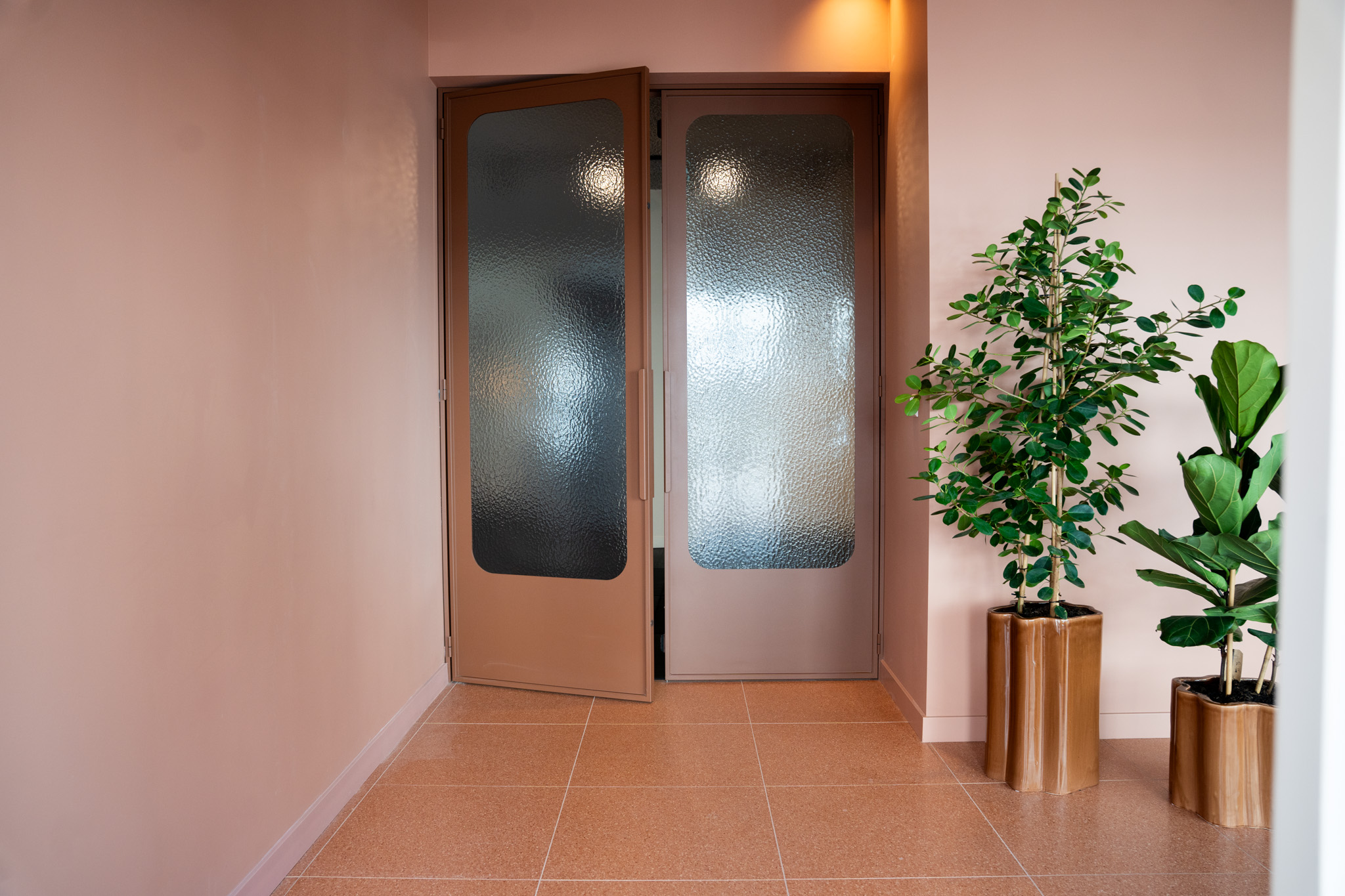 freddies studio bussum glazen entreedeuren met geribbeld glas en plant bij wandlamp