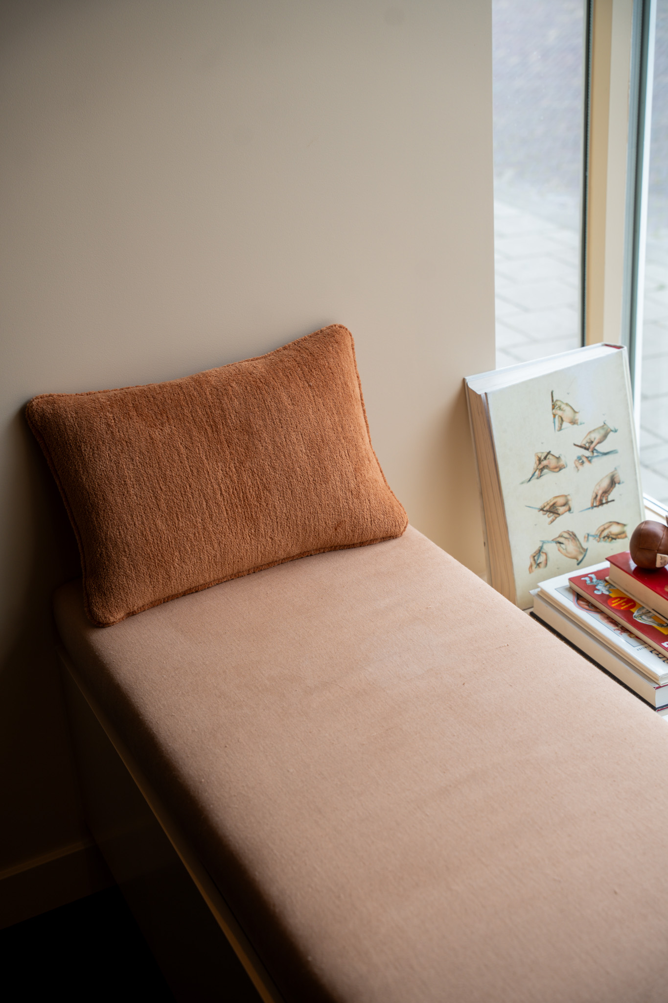 freddies-studio-bussum-verticale-opname-terracotta-kussen-op-zitbank-met-boeken-en-dumbbells